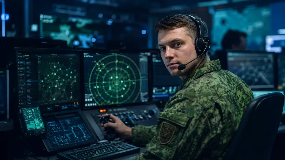 Оператор наблюдает за воздушной обстановкой на экранах